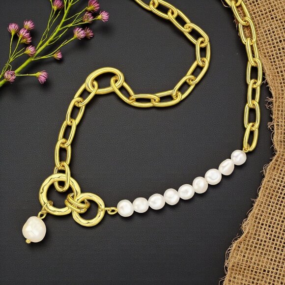 ποΈStatement Necklace Freshwater Pearls 18K Gold Plated Stainless Steel Jewelry - Picture 14 of 14